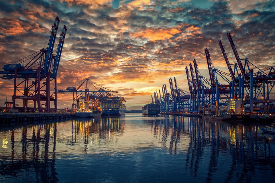 Port, Container Cranes, Sunset, River, Reflection